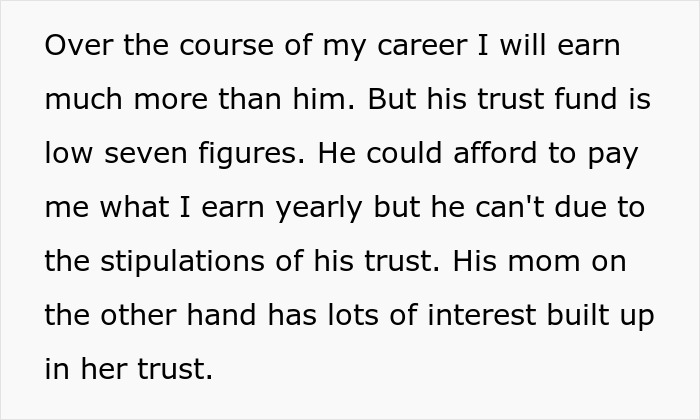 Text describing a woman's career earnings compared to her husband's trust fund amid in-laws demanding she quit her job. - 6