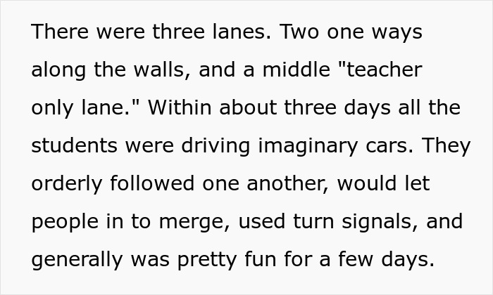 Students walking in school hallways following imaginary lanes, practicing turn signals and orderly merging.