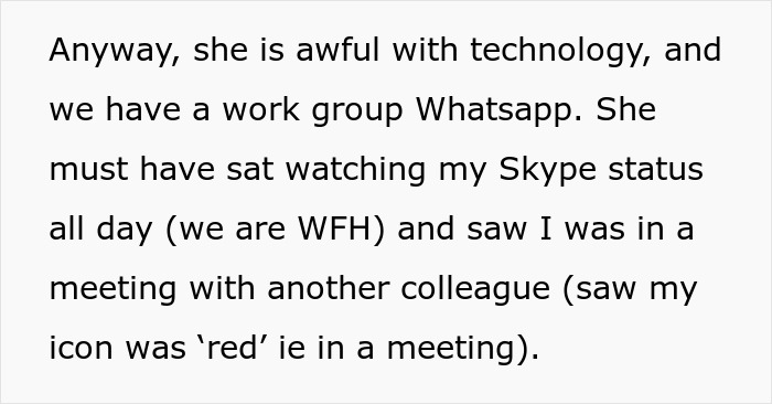 Text excerpt about a boss bad with technology spying on a 25-year-old coworker during work from home.