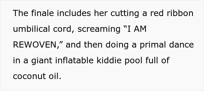 Woman c*****g a red ribbon umbilical cord and dancing in an inflatable kiddie pool during a re-birth party celebration.