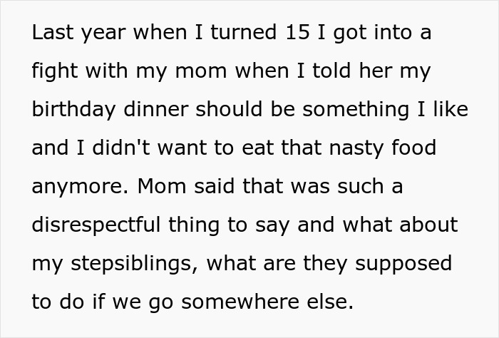 Teen frustrated as parents ignore birthday wishes due to stepkids&rsquo; allergies, leading to eating boring food conflict.