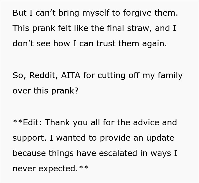 Text excerpt from a Reddit post about cutting contact after a family stages a fake legal notice prank. Text excerpt from a Reddit post about cutting contact after a family stages a fake legal notice prank.