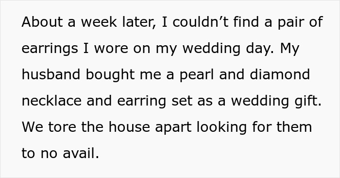 Text excerpt describing a pregnant woman’s lost earrings and her search after a friend’s guest steals from her. - 10