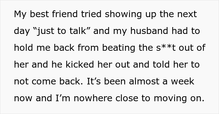 Text excerpt describing a lady shocked as her bestie forcefully kissed her husband, raising questions of a hidden affair.