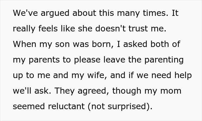 Text excerpt showing a mom overprotective about baby care, arguing about who can help with parenting.