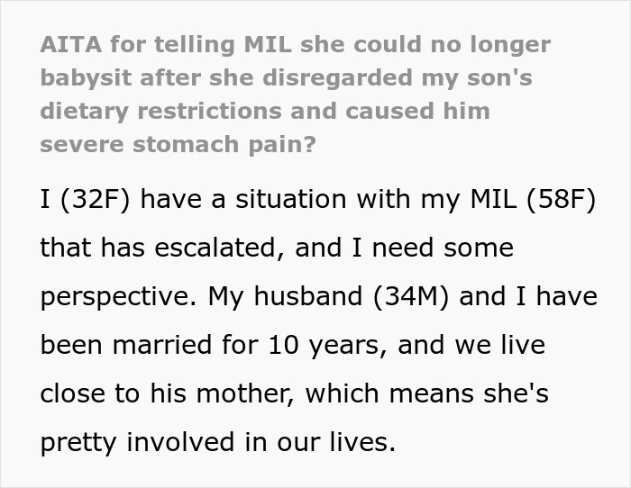 Text excerpt from a woman explaining family conflict after replacing mother-in-law as caregiver due to allergy incidents.