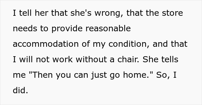 Text excerpt about disabled employee insisting on accommodation and manager refusing to provide reasonable support at work. Text excerpt about disabled employee insisting on accommodation and manager refusing to provide reasonable support at work.