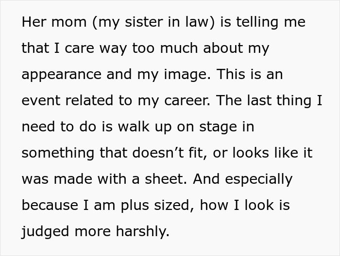 Text excerpt from woman refusing to wear niece&rsquo;s handmade dress for career event, concerned about fit and image judgment.