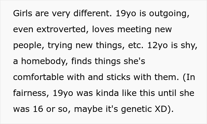Text discussing differences between a shy 12-year-old and her outgoing 19-year-old sister in a family setting. - 3