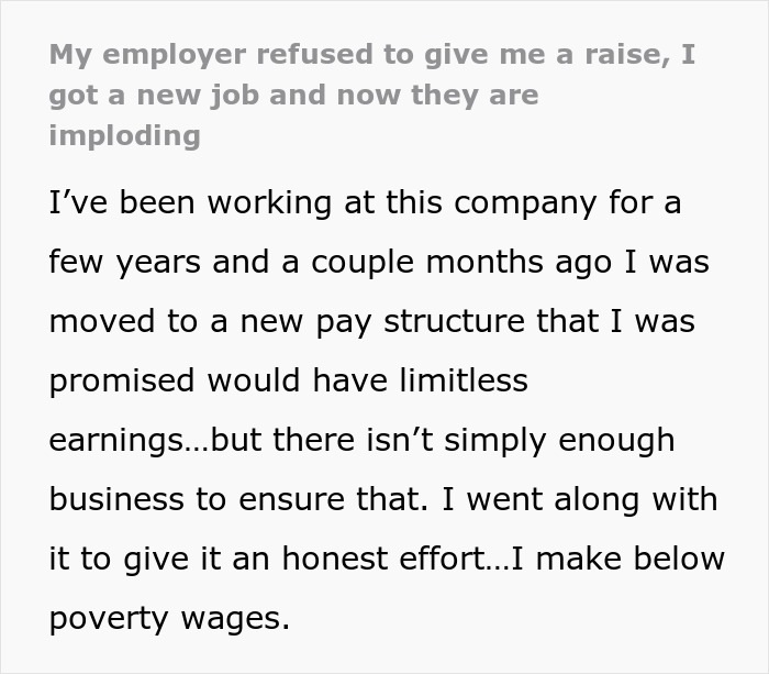 Text excerpt about an employee leaving company after wage was lowered, discussing new pay structure and low earnings. - 2