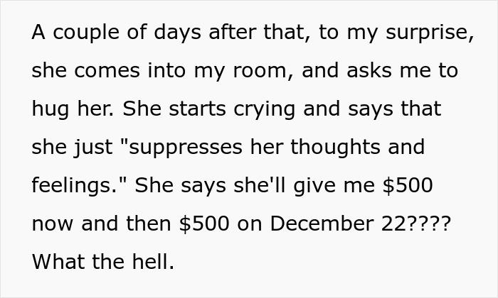 Text showing a mother gaslighting after embezzling daughter's $160K inheritance, offering partial payments to manipulate her.