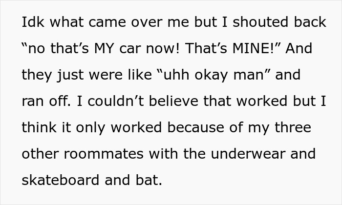 Text message describing how car thieves were tricked into abandoning a getaway car by a person claiming it as their own. - 8