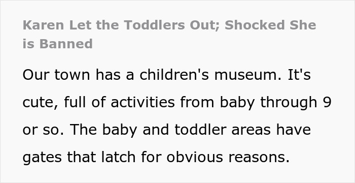 Toddler Karen banned from children's museum after letting toddlers out of gated play areas for safety reasons. - 2