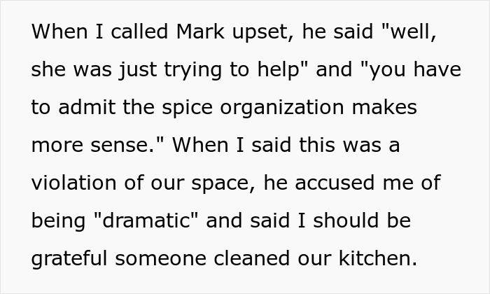 Text message conversation showing a daughter-in-law upset after mother-in-law reorganizes and cleans kitchen without permission.