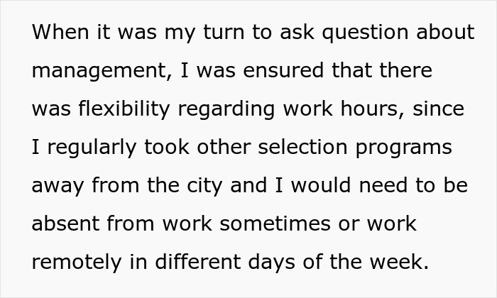 Text about employee asking management about flexible work hours due to selection programs and remote work needs.