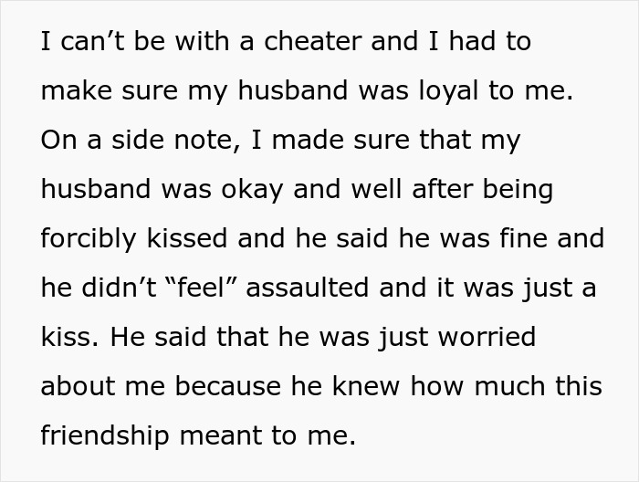Text excerpt discussing a woman&rsquo;s suspicion of an affair after her husband was forcibly kissed by her bestie.