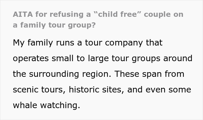 Alt text: Text discussing a tour company refusing a childfree couple from a family tour, sparking bad reviews online. - 2