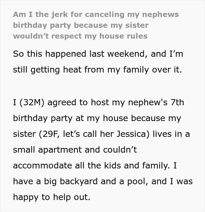 Text excerpt from a story about a woman upset after her brother cut her son&rsquo;s party short due to a broken sentimental toy.