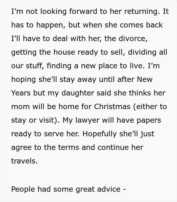 Text from a woman&rsquo;s message about divorce, travel, and handling the aftermath while trying to find herself alone.