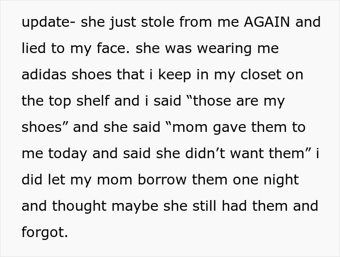 Text about 18YO sister accusing 13YO sis of stealing Adidas shoes, leading to frustration and desire to move out. - 17