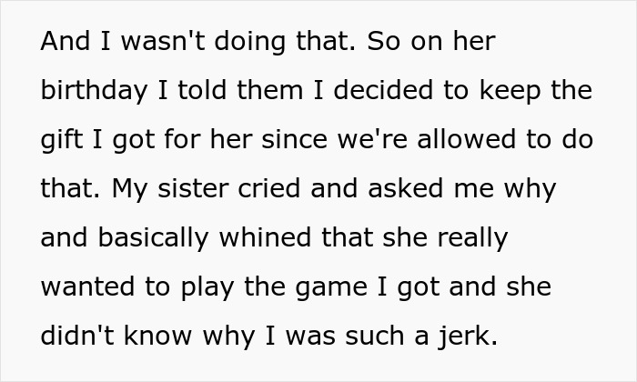 Alt text: Frustrated brother stops golden child sister from stealing gifts by keeping her birthday present to teach a lesson.