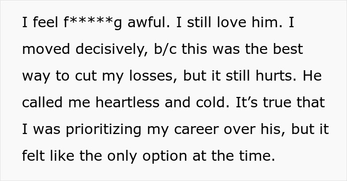 Text expressing emotional struggle after asking husband to turn down dream job, balancing love and career priorities. - 17