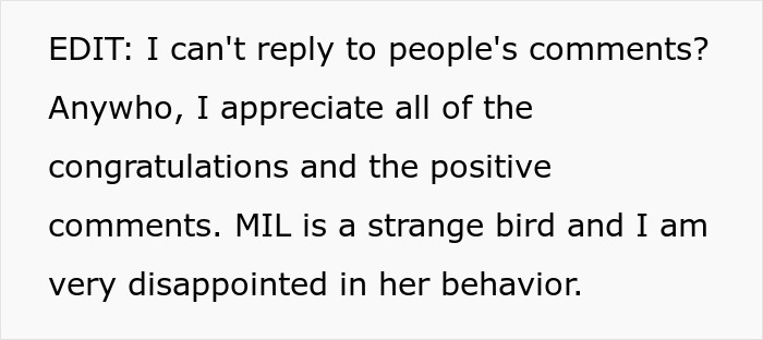 Text post expressing disappointment in MIL&rsquo;s behavior at a gender reveal event, highlighting the drama involved.