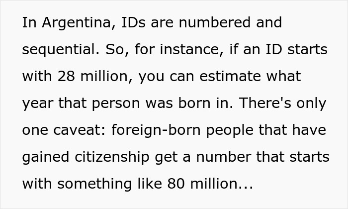 Text about Argentina IDs explaining how numbers indicate birth year and exceptions for foreign-born citizens with h**h number IDs. - 4