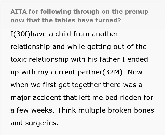 Text excerpt discussing a prenup situation with a major accident and changing relationship dynamics.
