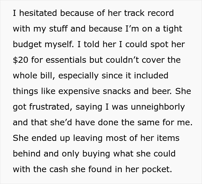 Text about neighbor borrowing items and expecting help with $85 grocery bill including expensive snacks and beer. Text about neighbor borrowing items and expecting help with $85 grocery bill including expensive snacks and beer.