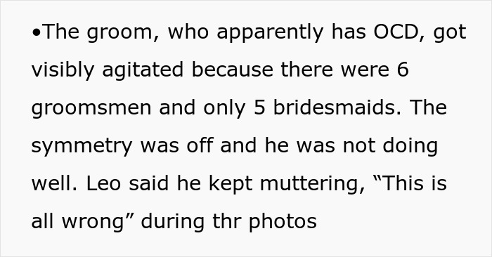 Text about groom with OCD upset over uneven number of groomsmen and bridesmaids during wedding photoshoot. - 31