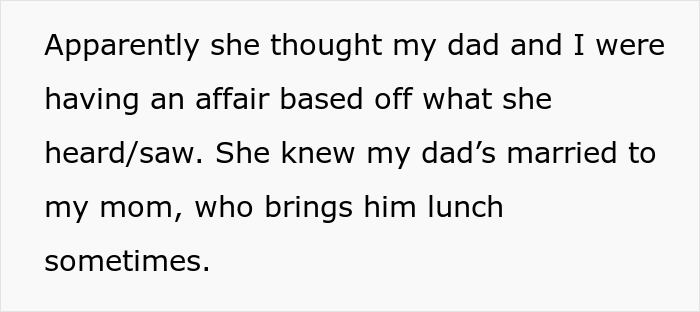 Text excerpt about nurse accusing of affair, explaining a misunderstanding involving father and family lunch. Text excerpt about nurse accusing of affair, explaining a misunderstanding involving father and family lunch.
