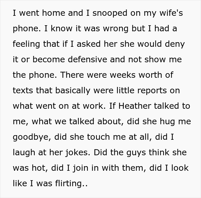 Text showing a jealous wife spying on husband work through snooping messages about workplace interactions.