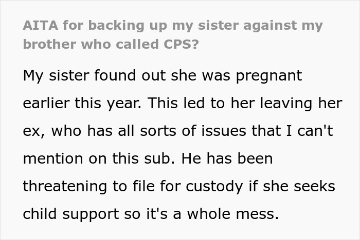 Text post discussing a sibling backing up woman after CPS visit triggered by unsafe loft concerns reported by brother. - 2