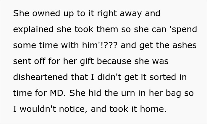 Text screenshot showing a confession about an entitled grandma stealing grandson&rsquo;s ashes and hiding the urn in her bag.