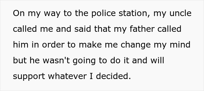 Text excerpt showing a son explaining police involvement after father tried to hijack house by changing locks.