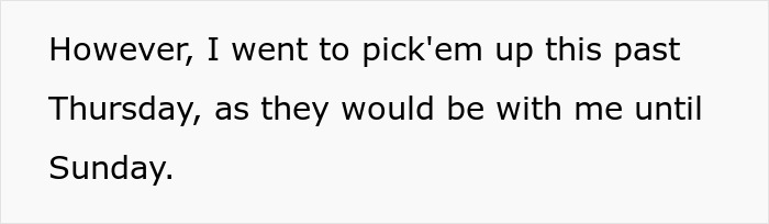 Text on a white background that reads, However, I went to pick'em up this past Thursday, as they would be with me until Sunday. - 7
