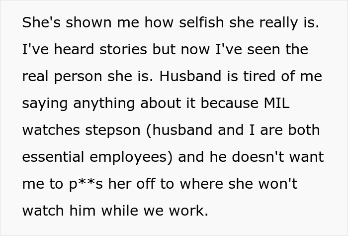 Text excerpt discussing MIL's selfish behavior and tension during a gender reveal and family drama situation.