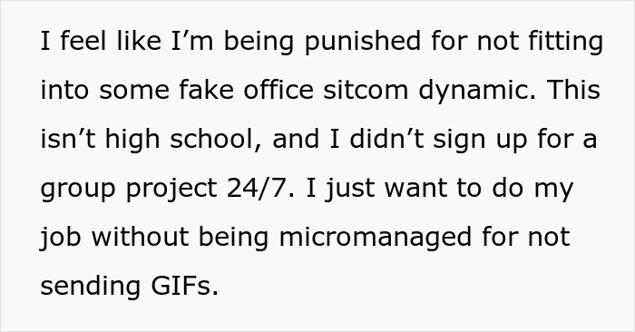 Text expressing frustration over workplace morale and being micromanaged for not sending GIFs in Slack. - 13