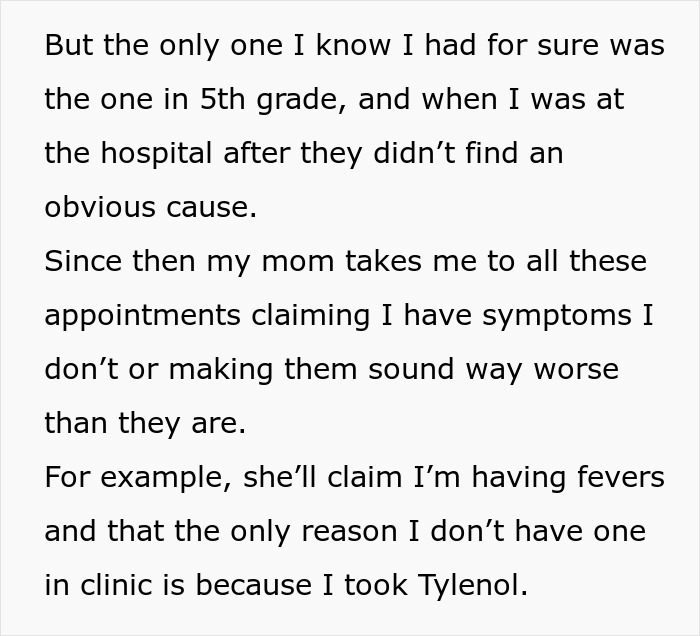 Teen frustrated with frequent hospital visits as mom exaggerates symptoms and drags them to unnecessary appointments. - 7