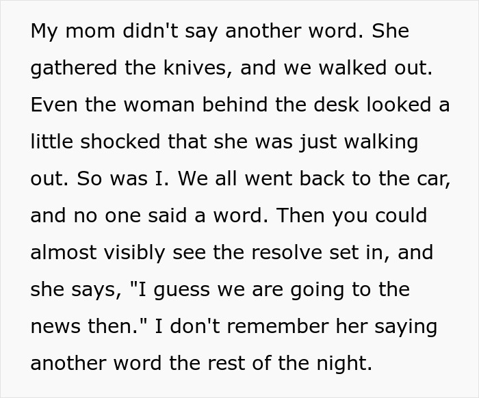Alt text: Text describing a mom's reaction after a gaming store sold dozens of swords to her son, leading to serious consequences. - 14