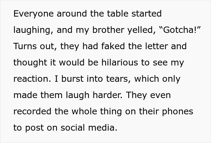 Text excerpt describing a family staging a fake legal notice prank on a woman, triggering emotional reactions. Text excerpt describing a family staging a fake legal notice prank on a woman, triggering emotional reactions.