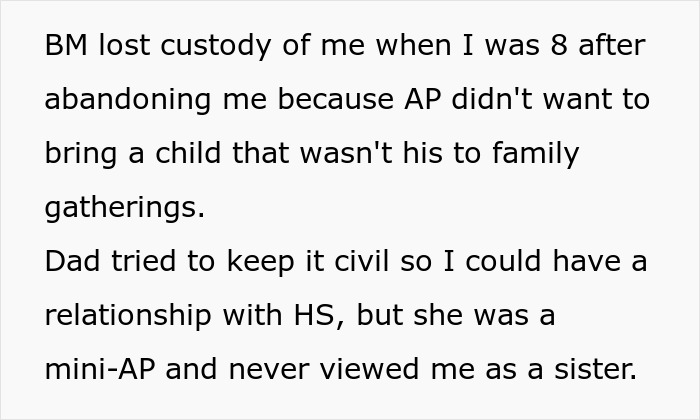 Text describing a woman refusing to help her half-sister who shows up after 17 years asking to be taken in. Text describing a woman refusing to help her half-sister who shows up after 17 years asking to be taken in.
