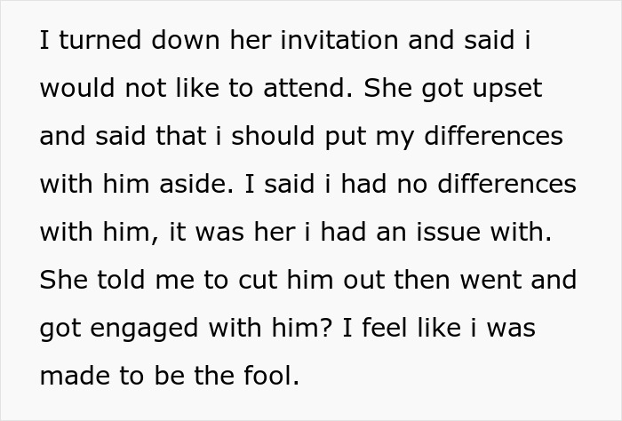 Text about a woman asking friend to cut off guy after petty conflict, then he gets engaged months later.