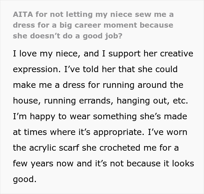 Text excerpt discussing a woman refusing to wear her niece&rsquo;s handmade dress for a career event, citing quality concerns.