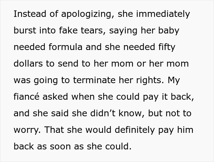 Alt text: Person refuses to lend money to grifter neighbor who then accuses them of starving her baby with fake tears.