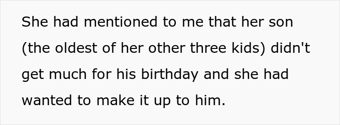 Text stating a woman discusses her oldest son and her desire to make up for his lack of birthday gifts.
