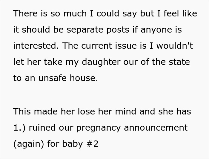 Text post about woman seeking advice after CPS threats from mother-in-law over child safety concerns. Text post about woman seeking advice after CPS threats from mother-in-law over child safety concerns.