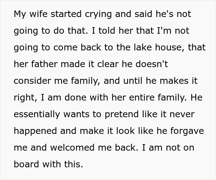 Man expressing frustration over false accusation involving wife and her father, refusing to reconcile until issues are resolved.
