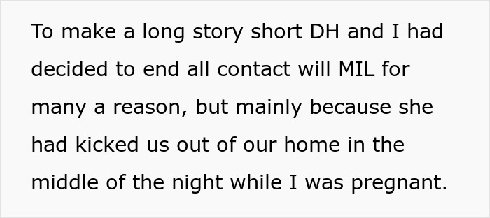 Text excerpt about ending contact with MIL after being kicked out while pregnant, related to custody dispute and false CPS reports.